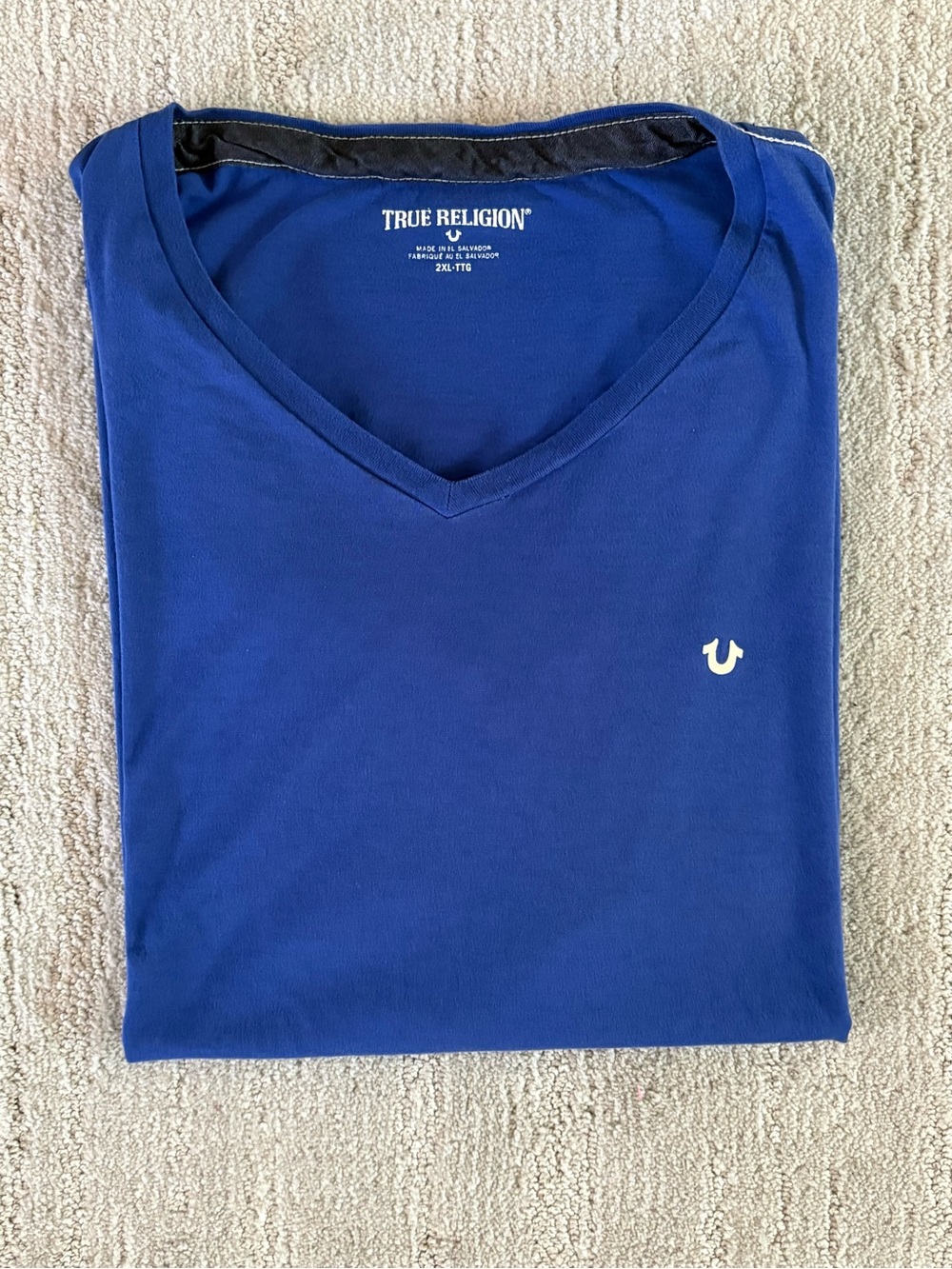 True Religion Men's 2XL V-Neck Horseshoe Logo Tee Blue Cotton Shirt XXL Casual